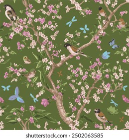 A stunning vector illustration of a chinoiserie seamless pattern featuring a blossoming tree. The tree is adorned with various birds,including sparrows and finches, as well as butterflies and dragonfl