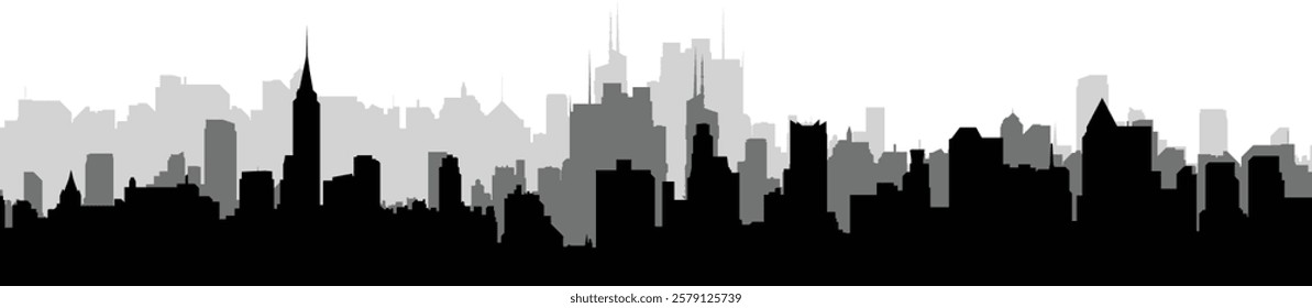A stunning vector illustration of a city skyline silhouette, featuring modern skyscrapers and towering buildings against a simple background.