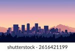 A stunning vector illustration of the Denver, Colorado skyline at dusk, capturing the glowing city lights against a backdrop of twilight and mountain views
