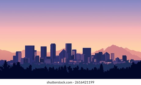 A stunning vector illustration of the Denver, Colorado skyline at dusk, capturing the glowing city lights against a backdrop of twilight and mountain views