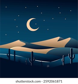 A stunning vector illustration of a desert landscape at night with sand dunes, cacti, a crescent moon, and stars. A peaceful and minimalistic artwork perfect for backgrounds, travel, and nature themes