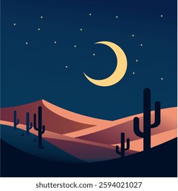 A stunning vector illustration of a desert landscape at night with sand dunes, cacti, a crescent moon, and stars. A peaceful and minimalistic artwork perfect for backgrounds, travel, and nature themes