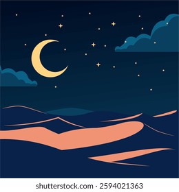 A stunning vector illustration of a desert landscape at night with sand dunes, cacti, a crescent moon, and stars. A peaceful and minimalistic artwork perfect for backgrounds, travel, and nature themes