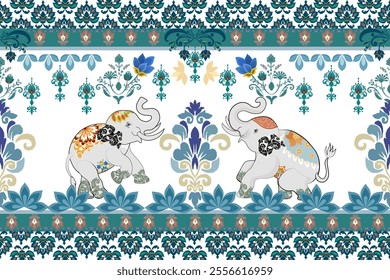 stunning vector illustration featuring seamless floral elephant pattern  harmonious green tones. design showcases intricately detailed elephants surrounded elegant, flowing floral elements, creating 