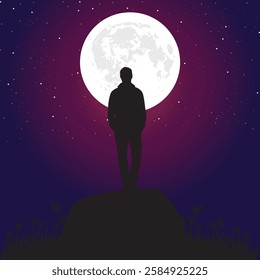 A stunning vector illustration featuring a silhouette of a man standing on a rock under a bright full moon.The starry night sky and deep purple-blue gradient background create a peaceful atmosphere.