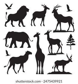 A stunning vector illustration featuring silhouettes of various wildlife animals in their natural habitat. Perfect for nature-themed designs, educational materials, and wildlife conservation projects.