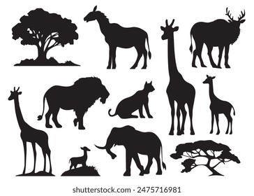 A stunning vector illustration featuring silhouettes of various wildlife animals in their natural habitat. Perfect for nature-themed designs, educational materials, and wildlife conservation projects.