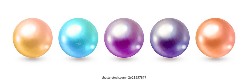A stunning vector illustration of five realistic pearls in bright golden, turquoise, purple, violet, and coral hues. Ideal for luxury branding, fashion accessories, or decorative design projects