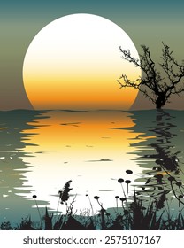 A stunning vector illustration of a large sun setting over calm waters with reflections, silhouetted plants, and a barren tree creating a peaceful ambiance. Perfect for nature-themed projects.