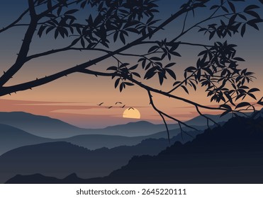 A stunning vector illustration of layered mountains at sunset from an aerial view, bathed in vibrant dusk colors with a striking tree branch silhouette in the foreground.