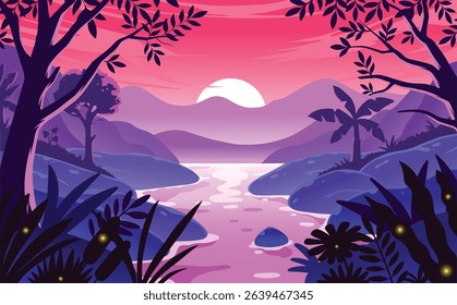 Stunning vector illustration of a magical river landscape at sunset, surrounded by lush tropical forest and distant mountains. The glowing pink and purple tones blend beautifully with the warm orange.