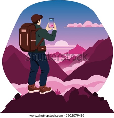 A stunning vector illustration of a man standing on a mountain peak after a hike, capturing the breathtaking view of the sunset with his smartphone.