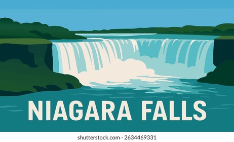A stunning vector illustration of Niagara Falls, showcasing the immense power and beauty of this natural wonder with water cascading dramatically into the river below