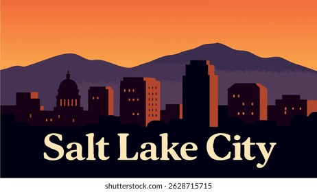 Uma impressionante ilustração vetorial de Salt Lake City com as Montanhas Wasatch ao fundo, capturando a beleza serena do Grande Salt Lake e os tons vibrantes do pôr do sol