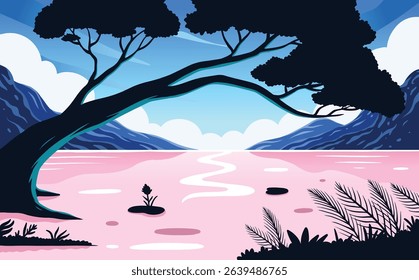 Stunning vector illustration of a serene tropical lake with vibrant pink water, surrounded by blue mountains and dramatic tree silhouettes arching over the scene. The soft blue sky and gentle white cl