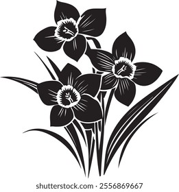 A stunning vector illustration showcasing a black silhouette of blooming daffodil flowers with leaves on a white background