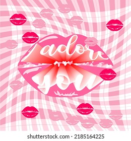 stunning vector lip art, lettering, psychedelic pop art with lips in the style of 60-70s, seamless checkered background in strawberry color, suitable for websites, fabrics, covers,lsd