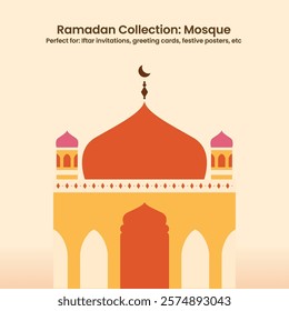 A stunning vector oriental-style Islamic mosque in the touch of warm color. Your go-to choice forL iftar invitations, eid card, ramadan card, festive poster, etc