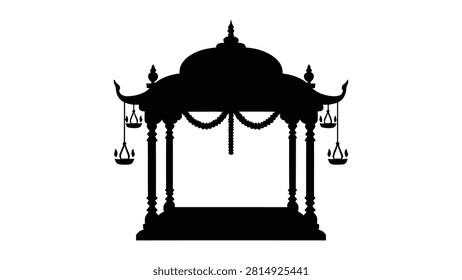 A stunning vector silhouette portrays an exquisitely ornate ceremonial pavilion or mandap featuring a grand domed roof and beautifully symmetrical decorative elements hanging gracefully from its sturdy pillars This intricate black graphic stands pro.