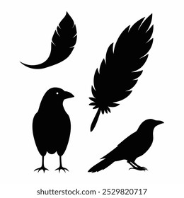 A stunning vector silhouette set featuring crows, ravens, birds, and feathers. Perfect for dark, spooky designs, nature themes, or decorative artwork in minimalist and gothic styles.