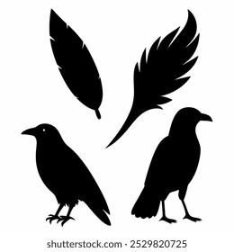 A stunning vector silhouette set featuring crows, ravens, birds, and feathers. Perfect for dark, spooky designs, nature themes, or decorative artwork in minimalist and gothic styles.