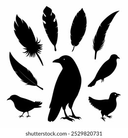 A stunning vector silhouette set featuring crows, ravens, birds, and feathers. Perfect for dark, spooky designs, nature themes, or decorative artwork in minimalist and gothic styles.