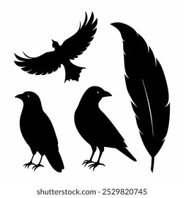 A stunning vector silhouette set featuring crows, ravens, birds, and feathers. Perfect for dark, spooky designs, nature themes, or decorative artwork in minimalist and gothic styles.