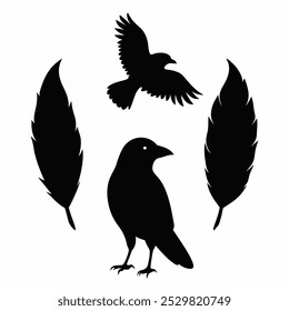 A stunning vector silhouette set featuring crows, ravens, birds, and feathers. Perfect for dark, spooky designs, nature themes, or decorative artwork in minimalist and gothic styles.