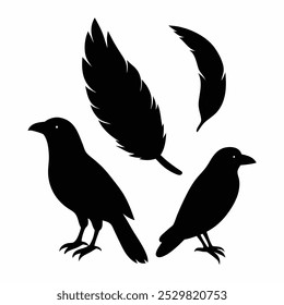 A stunning vector silhouette set featuring crows, ravens, birds, and feathers. Perfect for dark, spooky designs, nature themes, or decorative artwork in minimalist and gothic styles.