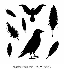 A stunning vector silhouette set featuring crows, ravens, birds, and feathers. Perfect for dark, spooky designs, nature themes, or decorative artwork in minimalist and gothic styles.