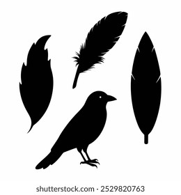 A stunning vector silhouette set featuring crows, ravens, birds, and feathers. Perfect for dark, spooky designs, nature themes, or decorative artwork in minimalist and gothic styles.