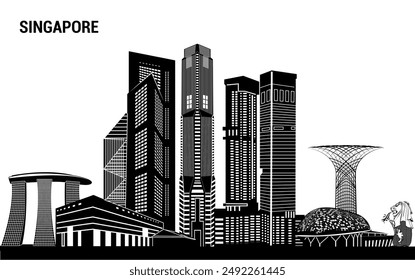 Stunning vector silhouette of Singapore's tallest buildings and iconic skyline. Ideal for travel brochures, promotional materials, digital art projects, and city-themed designs.