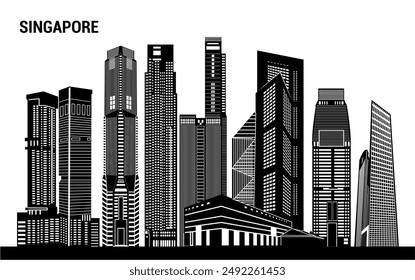 Atemberaubende Vektorgrafik Silhouette der höchsten Gebäude Singapurs und ikonische Skyline. Ideal für Reisebroschüren, Werbematerialien, digitale Kunstprojekte und stadtbezogene Designs.