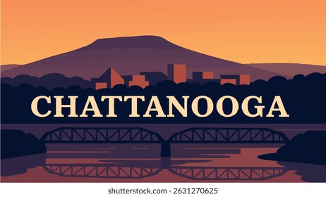 A stunning vector-style illustration of Chattanooga, with the city skyline illuminated by the sunset and bridges spanning across the peaceful Tennessee River