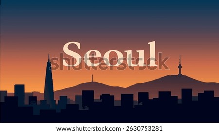 A stunning vector-style illustration of Seoul’s skyline, blending modern skyscrapers with traditional architecture, illuminated by the sunset over the Han River.