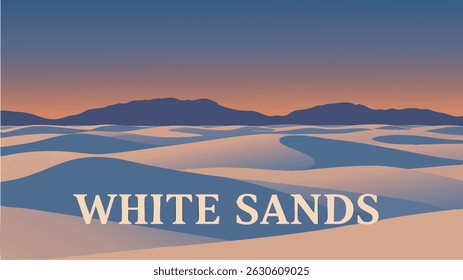 A stunning vector-style illustration of White Sands, featuring its endless dunes bathed in golden light at sunset, with clear skies and serene landscapes