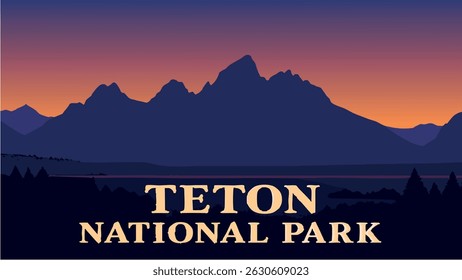 A stunning vector-style landscape illustrating Teton Park, with towering snow-capped peaks, sunrise views, and lush hiking trails that invite adventure and exploration