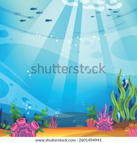 A stunning and vibrant underwater scene featuring a sunlit ocean floor, lush seaweed, colorful coral formations, and small fish swimming in the distance. 
