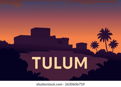 Uma vista deslumbrante das antigas ruínas de Tulum empoleiradas sobre uma praia intocada, com águas turquesa e palmeiras ao fundo