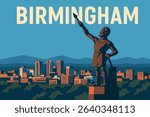 A stunning view of Birmingham from the Vulcan Statue, overlooking the city with the backdrop of the distant mountains, blending urban and natural beauty.