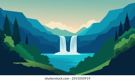 
Impresionante vista de las hermosas cascadas de Croacia, mostrando el agua en cascada en medio de un exuberante verdor y la Ilustración vectorial plana de la belleza natural