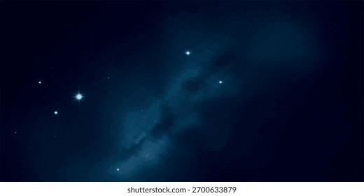 A stunning view of a deep space nebula, characterized by swirling dark blue and teal gas clouds, illuminated by several bright, distant stars.