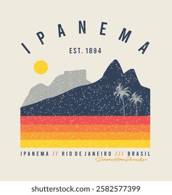 A stunning view of the iconic Ipanema beach, where the majestic silhouettes of the mountains come to life in a unique graphic style, capturing the vibrant essence and natural beauty of Rio de Janeiro.