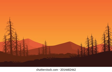 A stunning view of the mountains with an aesthetical silhouette of dry trees from the suburb in the evening. Vector illustration of a city