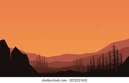 Stunning view of the mountains from the out of the city at dusk. Vector illustration of a city