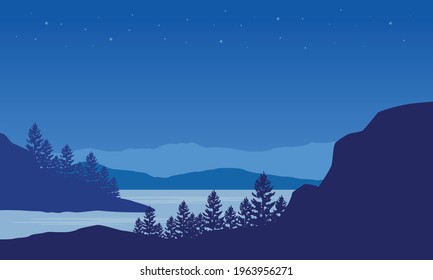 Stunning view of the mountains from the riverbank at night with the silhouette of the surrounding pine trees. Vector illustration of a city