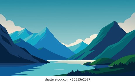 impresionante vista de Noruega pintoresco paisaje, con montañas, fiordos y exuberante vegetación bajo una Ilustración vectorial plana de cielo claro