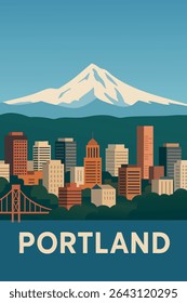 Uma vista deslumbrante da paisagem urbana de Portland com o Monte Hood em destaque ao fundo.