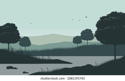 Stunning views of the mountains in the morning from the riverbank with the silhouette of the trees around it. Vector illustration of a city