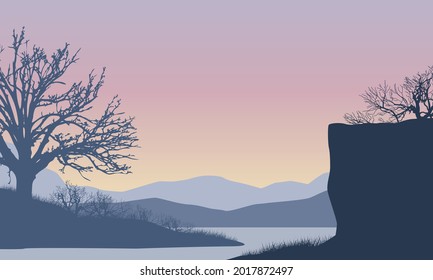 Stunning views of the mountains from the river bank at sunrise in the morning. Vector illustration of a city